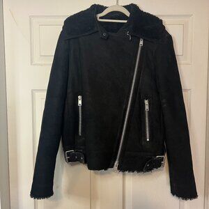 All Saints shearling biker leather jacket with detachable collar sz 10